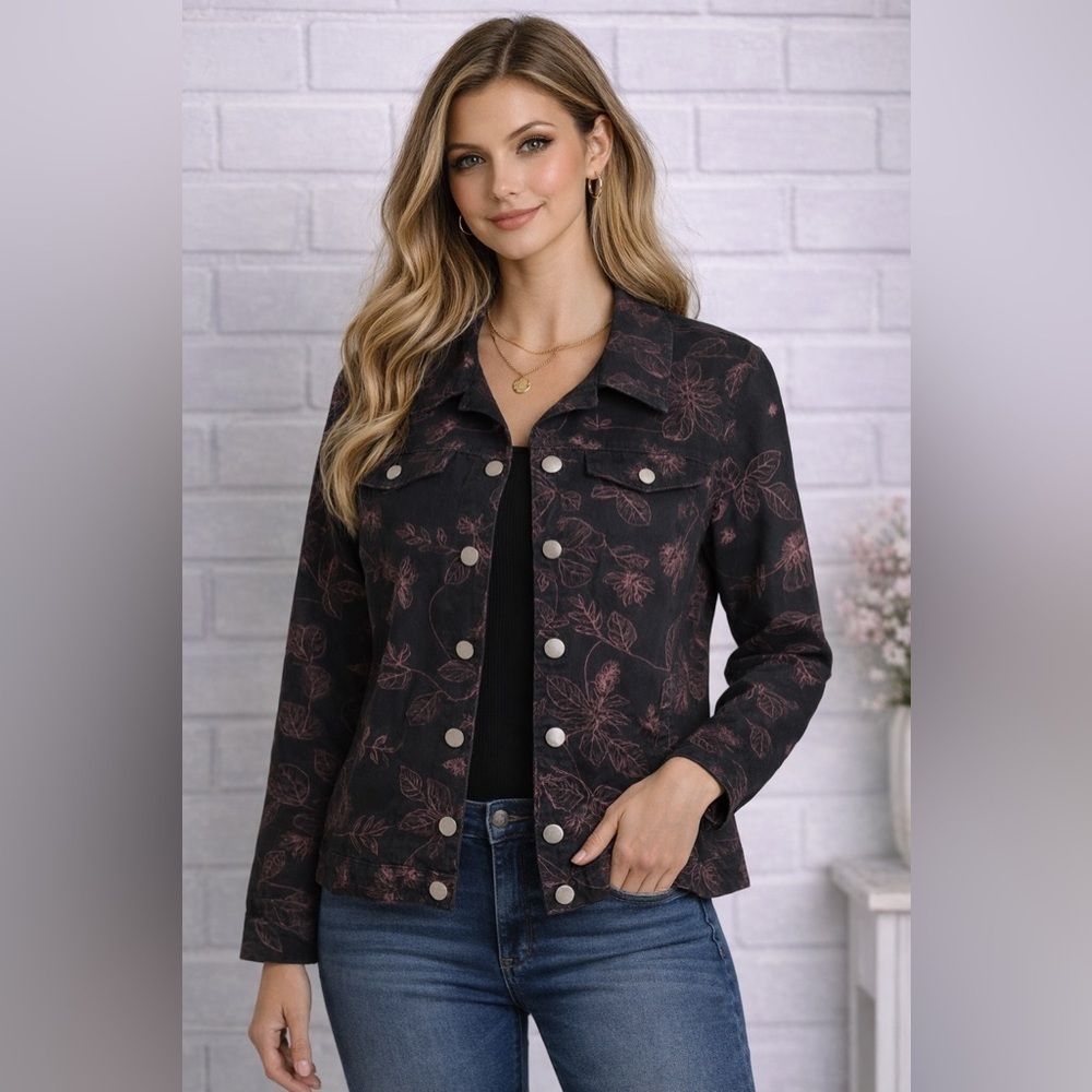 Silk Land Embroidered Floral Jacket,100% cotton Black & Pink Barbiecore plus/1X